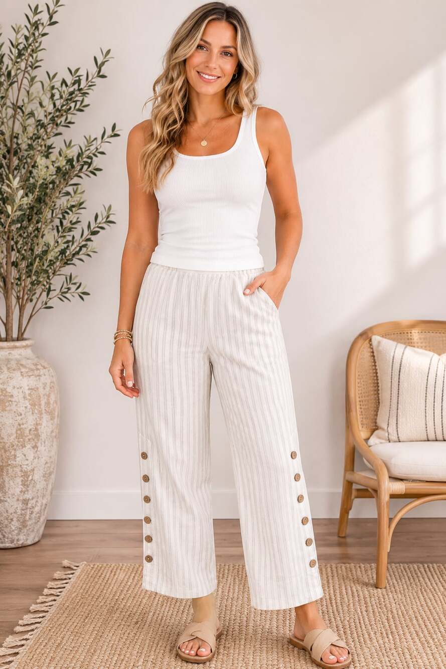 Roolee Womens Striped Wide Leg Cropped Pants Small Linen Blend Side Button